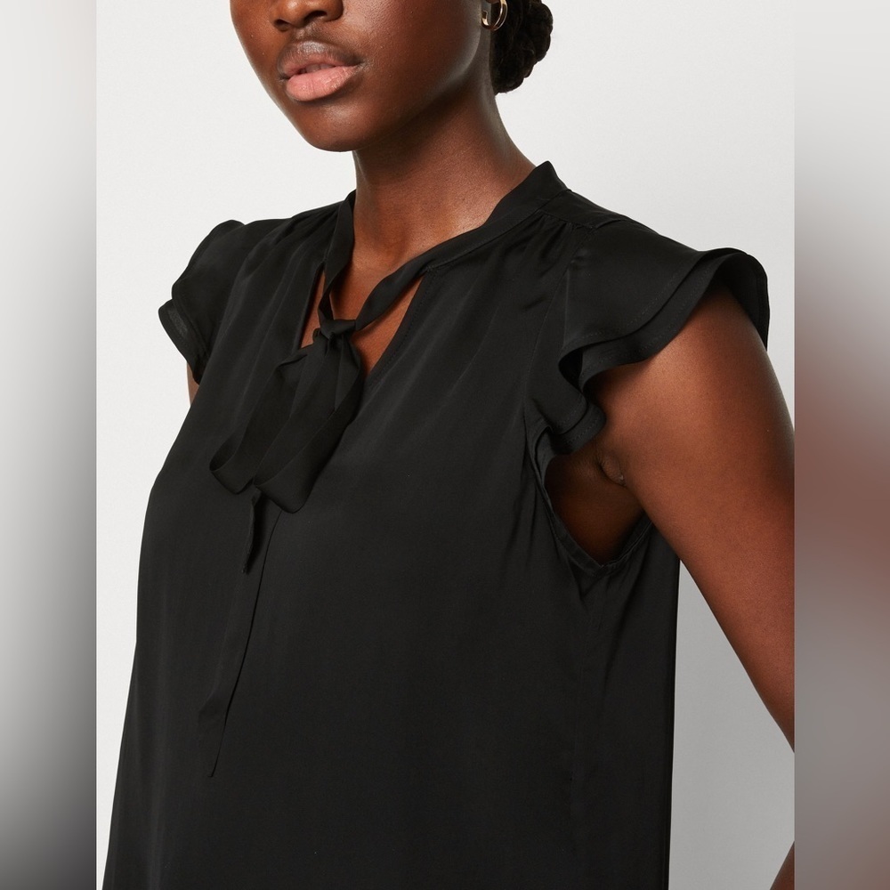 Banana Republic Black Ruffle Tie Up Neck Sheer Short Sleeve Blouse